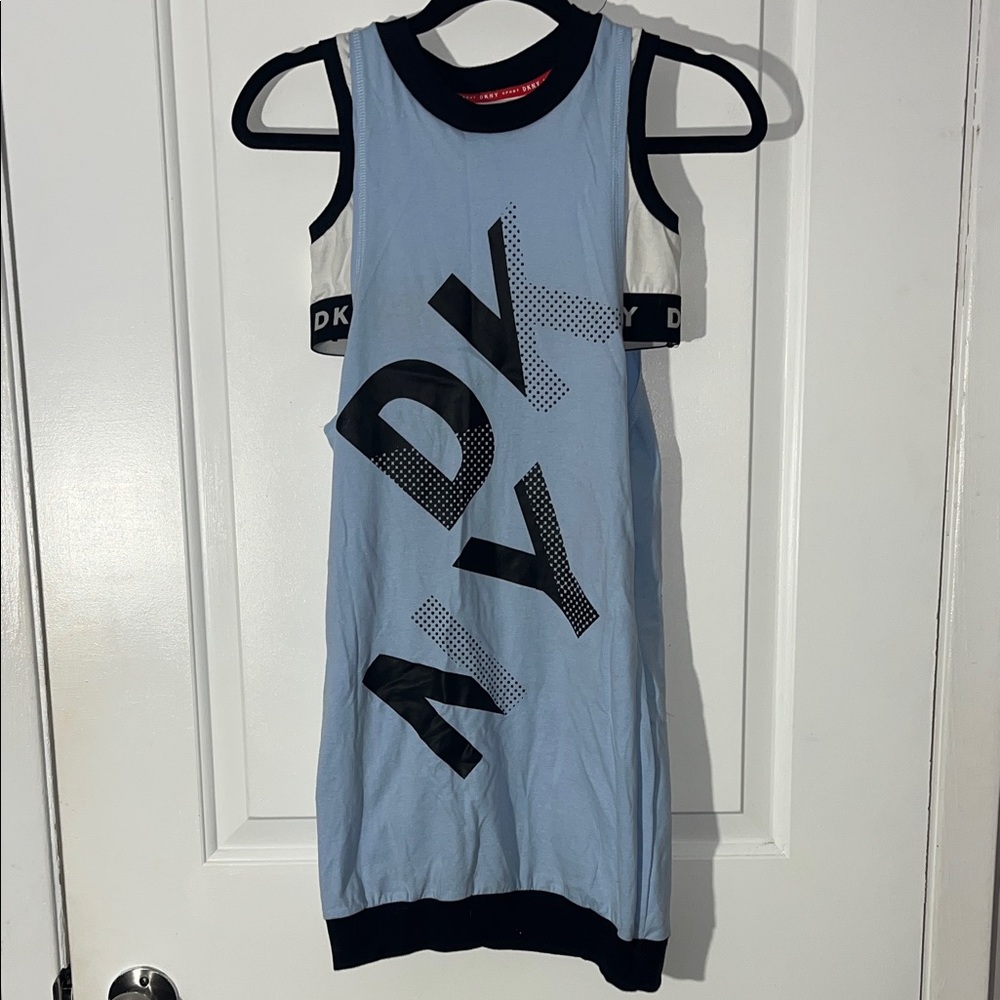 DKNY Light Blue Sleeveless Dress with Black Accents